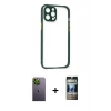 MARSİLYAN™- iPhone 12 Pro Kılıf Nova Asil Özel Seri - Siyah 34D Hayalet Izgaralı Cam + Neon Fosforlu Kamera Lens - YL