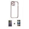 MARSİLYAN™- iPhone 12 Pro Kılıf Nova Asil Özel Seri - Siyah 34D Hayalet Izgaralı Cam + Neon Fosforlu Kamera Lens - YL