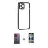 MARSİLYAN™- iPhone 12 Pro Kılıf Nova Asil Özel Seri - Siyah 34D Hayalet Izgaralı Cam + Neon Fosforlu Kamera Lens - TU