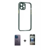 MARSİLYAN™- iPhone 12 Pro Kılıf Nova Asil Özel Seri - Siyah 34D Hayalet Izgaralı Cam + Neon Fosforlu Kamera Lens - MI