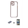 MARSİLYAN™- iPhone 12 Pro Kılıf Nova Asil Özel Seri - Siyah 34D Hayalet Izgaralı Cam + Renkli Kamera Lens Koruma Cam - PE