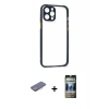 MARSİLYAN™- iPhone 12 Pro Kılıf Nova Asil Özel Seri - Siyah 34D Hayalet Izgaralı Cam + Renkli Kamera Lens Koruma Cam - PE
