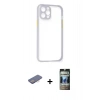 MARSİLYAN™- iPhone 12 Pro Kılıf Nova Asil Özel Seri - Siyah 34D Hayalet Izgaralı Cam + Renkli Kamera Lens Koruma Cam - PE