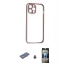 MARSİLYAN™- iPhone 12 Pro Kılıf Nova Asil Özel Seri - Siyah 34D Hayalet Izgaralı Cam + Renkli Kamera Lens Koruma Cam - MI