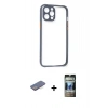 MARSİLYAN™- iPhone 12 Pro Kılıf Nova Asil Özel Seri - Siyah 34D Hayalet Izgaralı Cam + Renkli Kamera Lens Koruma Cam - MI