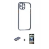 MARSİLYAN™- iPhone 12 Pro Kılıf Nova Asil Özel Seri - Siyah 34D Hayalet Izgaralı Cam + Renkli Kamera Lens Koruma Cam - SI