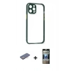 MARSİLYAN™- iPhone 12 Pro Kılıf Nova Asil Özel Seri - Siyah 34D Hayalet Izgaralı Cam + Renkli Kamera Lens Koruma Cam - MI