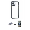 MARSİLYAN™- iPhone 12 Pro Kılıf Nova Asil Özel Seri - Siyah 34D Hayalet Izgaralı Cam + Renkli Kamera Lens Koruma Cam - SI