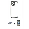 MARSİLYAN™- iPhone 12 Pro Kılıf Nova Asil Özel Seri - Siyah 34D Hayalet Izgaralı Cam + Renkli Kamera Lens Koruma Cam - SI