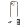 MARSİLYAN™- iPhone 12 Pro Kılıf Nova Asil Özel Seri - Siyah 34D Hayalet Izgaralı Cam + Renkli Kamera Lens Koruma Cam - SI