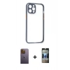 MARSİLYAN™- iPhone 12 Pro Kılıf Nova Asil Özel Seri - Siyah 34D Hayalet Izgaralı Cam + Neon Fosforlu Kamera Lens - SI