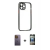 MARSİLYAN™- iPhone 12 Pro Kılıf Nova Asil Özel Seri - Siyah 34D Hayalet Izgaralı Cam + Neon Fosforlu Kamera Lens - SI