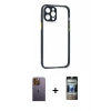 MARSİLYAN™- iPhone 12 Pro Kılıf Nova Asil Özel Seri - Siyah 34D Hayalet Izgaralı Cam + Neon Fosforlu Kamera Lens - SI