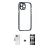 MARSİLYAN™- iPhone 12 Pro Kılıf Nova Asil Özel Seri - Siyah 34D Hayalet Izgaralı Cam + Shine Kamera Lens - GS