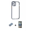 MARSİLYAN™- iPhone 12 Pro Kılıf Nova Asil Özel Seri - Siyah 34D Hayalet Izgaralı Cam + Shine Kamera Lens Koruma Cam - PE