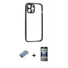 MARSİLYAN™- iPhone 12 Pro Kılıf Nova Asil Özel Seri - Siyah 34D Hayalet Izgaralı Cam + Shine Kamera Lens Koruma Cam - PE