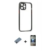 MARSİLYAN™- iPhone 12 Pro Kılıf Nova Asil Özel Seri - Siyah 34D Hayalet Izgaralı Cam + Siyah Shine Kamera Lens Koruma Cam