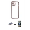 MARSİLYAN™- iPhone 12 Pro Kılıf Nova Asil Özel Seri - Siyah 34D Hayalet Izgaralı Cam + Renkli Kamera Lens Koruma Cam - TU