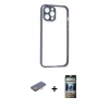 MARSİLYAN™- iPhone 12 Pro Kılıf Nova Asil Özel Seri - Siyah 34D Hayalet Izgaralı Cam + Renkli Kamera Lens Koruma Cam - TU