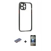 MARSİLYAN™- iPhone 12 Pro Kılıf Nova Asil Özel Seri - Siyah 34D Hayalet Izgaralı Cam + Renkli Kamera Lens Koruma Cam - TU