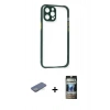 MARSİLYAN™- iPhone 12 Pro Kılıf Nova Asil Özel Seri - Siyah 34D Hayalet Izgaralı Cam + Yeşil Renkli Kamera Lens Koruma Cam