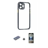 MARSİLYAN™- iPhone 12 Pro Kılıf Nova Asil Özel Seri - Siyah 34D Hayalet Izgaralı Cam + Yeşil Renkli Kamera Lens Koruma Cam