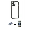 MARSİLYAN™- iPhone 12 Pro Kılıf Nova Asil Özel Seri - Siyah 34D Hayalet Izgaralı Cam + Yeşil Renkli Kamera Lens Koruma Cam