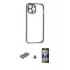 MARSİLYAN™- iPhone 12 Pro Kılıf Nova Asil Özel Seri - Siyah 34D Hayalet Izgaralı Cam + Yeşil Renkli Kamera Lens Koruma Cam