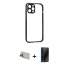 MARSİLYAN™- iPhone 12 Pro Kılıf Nova Asil Özel Seri - Siyah 3D Antistatik Hayalet Cam Ekran Koruyucu + Rainbow Kamera Lens Koruma Cam - GD