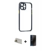 MARSİLYAN™- iPhone 12 Pro Kılıf Nova Asil Özel Seri - Siyah 3D Antistatik Hayalet Cam Ekran Koruyucu + Rainbow Kamera Lens Koruma Cam - GD
