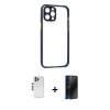 MARSİLYAN™- iPhone 12 Pro Kılıf Nova Asil Özel Seri - Siyah 3D Antistatik Hayalet Cam Ekran Koruyucu + Gümüş Shine Kamera Lens