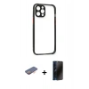 MARSİLYAN™- iPhone 12 Pro Kılıf Nova Asil Özel Seri - Siyah 3D Antistatik Hayalet Cam Ekran Koruyucu + Renkli Kamera Lens Koruma Cam - TU
