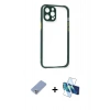 MARSİLYAN™- iPhone 12 Pro Kılıf Nova Asil Özel Seri - Siyah 3D Antistatik Seramik Nano Ekran Koruyucu + Koyu Yeşil Metal Kamera Lens Koruma Cam
