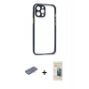 MARSİLYAN™- iPhone 12 Pro Kılıf Nova Asil Özel Seri - Siyah 6D Mat Seramik Hayalet Nano Ekran Koruyucu + Mavi Renkli Kamera Lens Koruma Cam