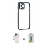 MARSİLYAN™- iPhone 12 Pro Kılıf Nova Asil Özel Seri - Siyah Polymer Nano Ekran Koruyucu + Mavi Shine Kamera Lens