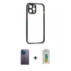 MARSİLYAN™- iPhone 12 Pro Kılıf Nova Asil Özel Seri - Siyah Polymer Nano Ekran Koruyucu + Neon Fosforlu Kamera Lens - MI