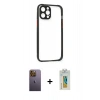 MARSİLYAN™- iPhone 12 Pro Kılıf Nova Asil Özel Seri - Siyah Polymer Nano Ekran Koruyucu + Neon Fosforlu Kamera Lens - SI