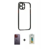 MARSİLYAN™- iPhone 12 Pro Kılıf Nova Asil Özel Seri - Siyah Polymer Nano Ekran Koruyucu + Turuncu Neon Fosforlu Kamera Lens