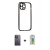 MARSİLYAN™- iPhone 12 Pro Kılıf Nova Asil Özel Seri - Siyah Polymer Nano Ekran Koruyucu + Neon Fosforlu Kamera Lens - YL