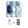 MARSİLYAN™- iPhone 12 Pro Kılıf Nova Işık Özel Seri - Siyah 34D Hayalet Izgaralı Cam + Mavi Shine Kamera Lens