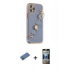 MARSİLYAN™- iPhone 12 Pro Kılıf Nova Işık Prime - Siyah 34D Hayalet Izgaralı Cam + Shine Kamera Lens Koruma Cam - GD