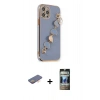 MARSİLYAN™- iPhone 12 Pro Kılıf Nova Işık Prime - Siyah 34D Hayalet Izgaralı Cam + Turuncu Renkli Kamera Lens Koruma Cam