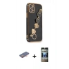 MARSİLYAN™- iPhone 12 Pro Kılıf Nova Işık Prime - Siyah 34D Hayalet Izgaralı Cam + Turuncu Renkli Kamera Lens Koruma Cam