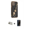MARSİLYAN™- iPhone 12 Pro Kılıf Nova Işık Prime - Siyah 3D Antistatik Hayalet Cam Ekran Koruyucu + Rainbow Kamera Lens Koruma Cam - GD
