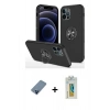 MARSİLYAN™- iPhone 12 Pro Kılıf Odak Form Prime - Siyah Polymer Nano Ekran Koruyucu + Mavi Metal Kamera Lens Koruma Cam