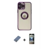 MARSİLYAN™- iPhone 12 Pro Kılıf Pusula Form - Siyah 34D Hayalet Izgaralı Cam + Açık Yeşil Metal Kamera Lens Koruma Cam
