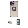 MARSİLYAN™- iPhone 12 Pro Kılıf Pusula Form - Siyah 34D Hayalet Izgaralı Cam + Gold Rainbow Kamera Lens Koruma Cam