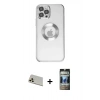 MARSİLYAN™- iPhone 12 Pro Kılıf Pusula Form - Siyah 34D Hayalet Izgaralı Cam + Gold Rainbow Kamera Lens Koruma Cam