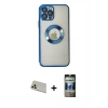 MARSİLYAN™- iPhone 12 Pro Kılıf Pusula Form - Siyah 34D Hayalet Izgaralı Cam + Gold Rainbow Kamera Lens Koruma Cam