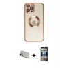 MARSİLYAN™- iPhone 12 Pro Kılıf Pusula Form - Siyah 34D Hayalet Izgaralı Cam + Gold Rainbow Kamera Lens Koruma Cam